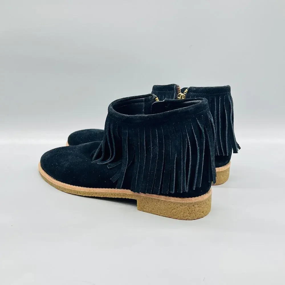 Kate Spade Boots Womens 10 Black Suede Fringe Ankle Low Heel Booties Shoes